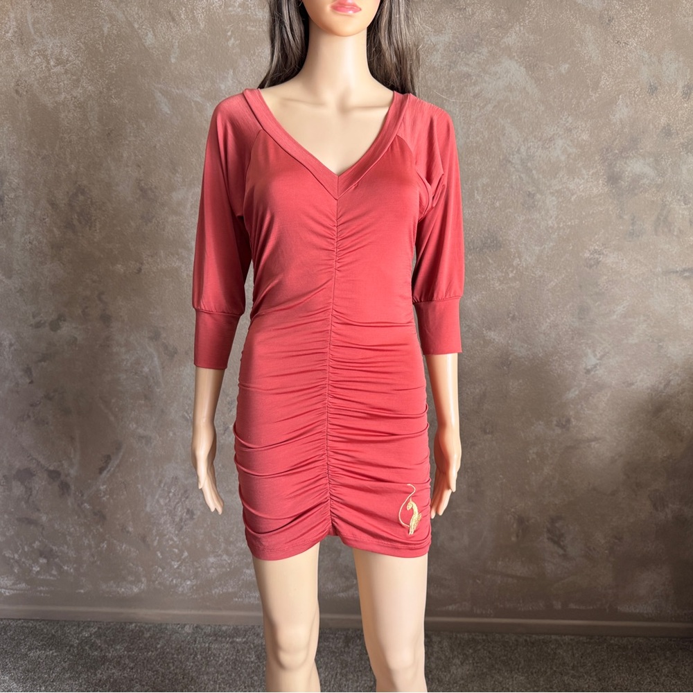 RARE* BABY PHAT Y2K 2000s Salmon Ruched V-Neck Mini Dress Sz M
